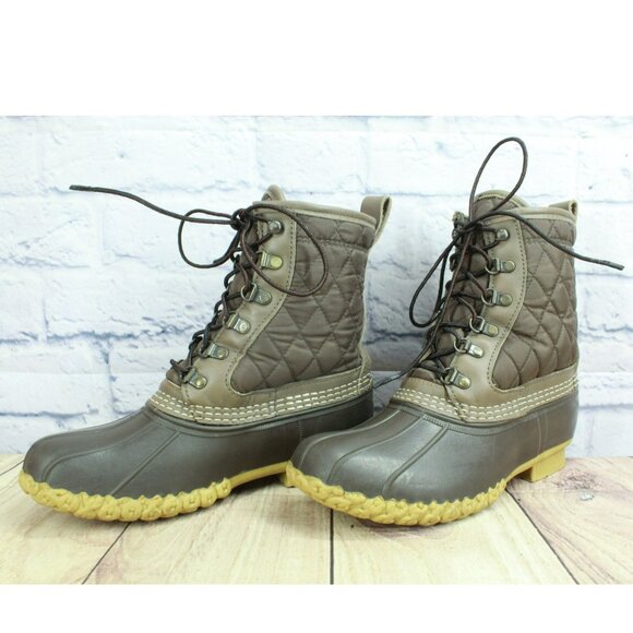 LL Bean Brown Nylon Shearling Lined Quilted Insulated Duck Boots Size 7 M - Picture 2 of 10